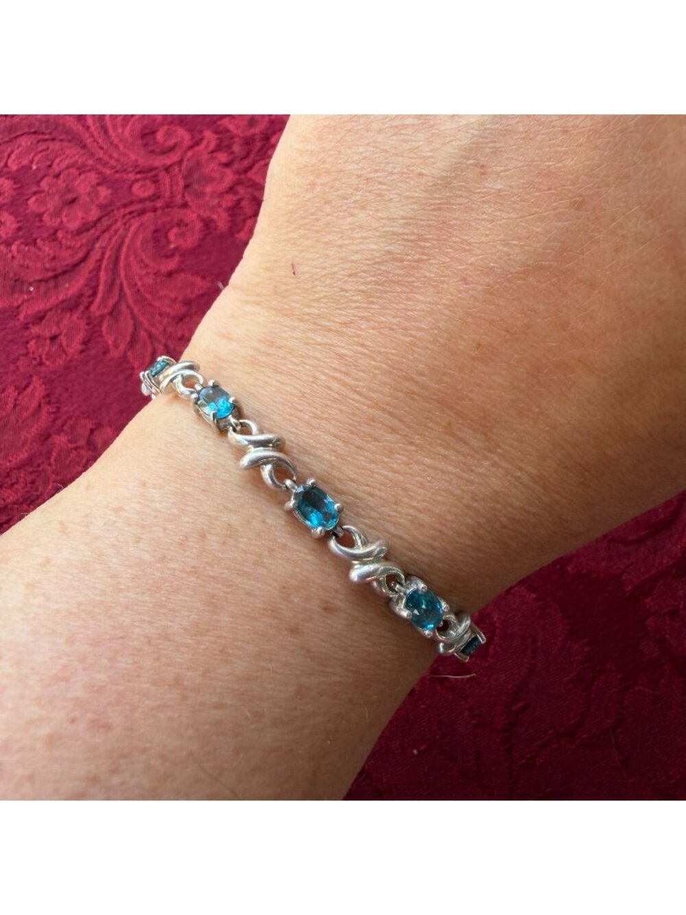 Vintage Sterling Silver 925 Blue Topaz Tennis Bracelet Oval Link Ribbon Clasp 8"